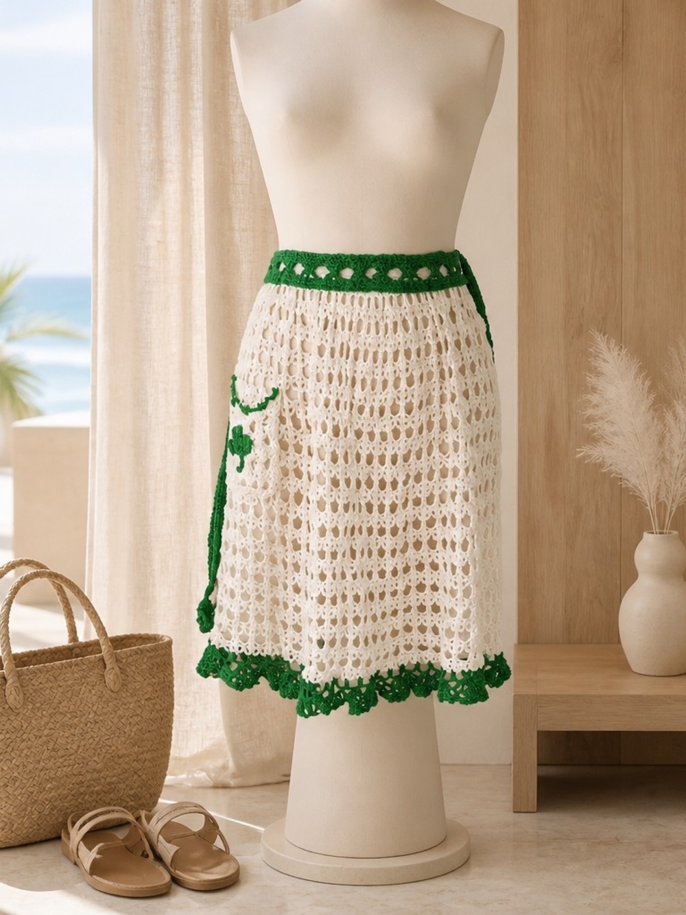 Hand-Crocheted Cream Skirt with Green Trim Apron